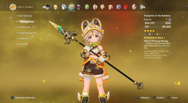 The weapons screen shows a girl wielding a polearm.